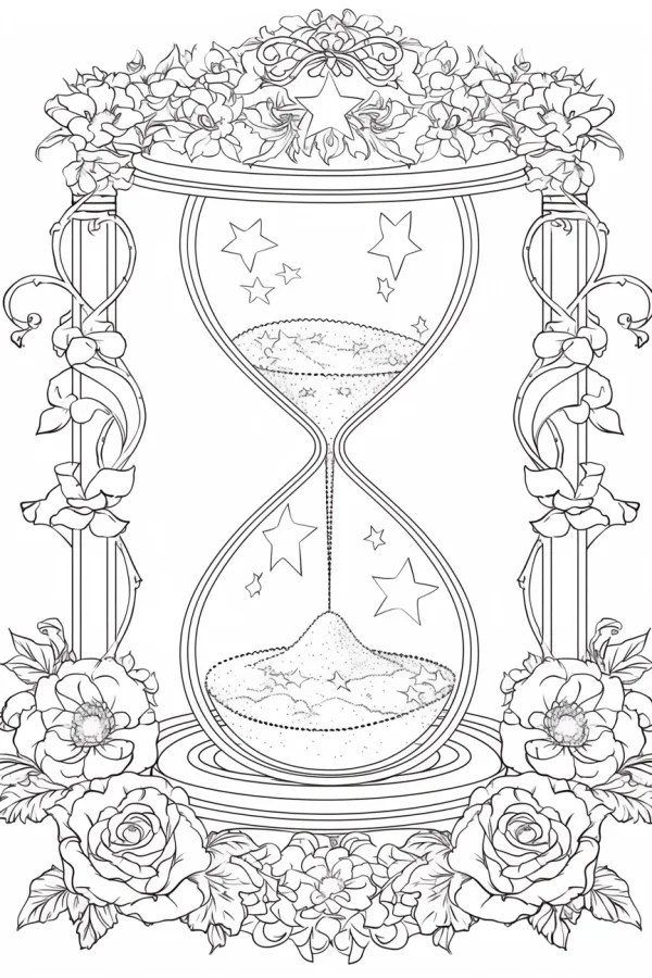 Decorative hourglass surrounded by roses and floral vines, fantasy style — free printable time coloring book page