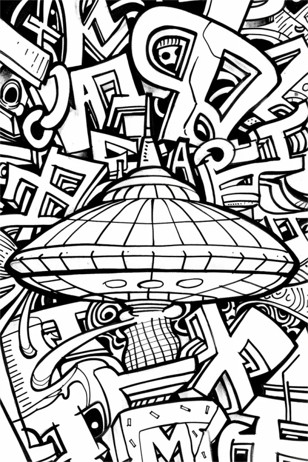 Graffiti-style ufo, graffiti and sci-fi art style — free printable graffiti art coloring book page