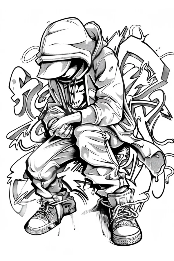 Hip-hop hooded character, graffiti cartoon style — free printable hip hop coloring book page