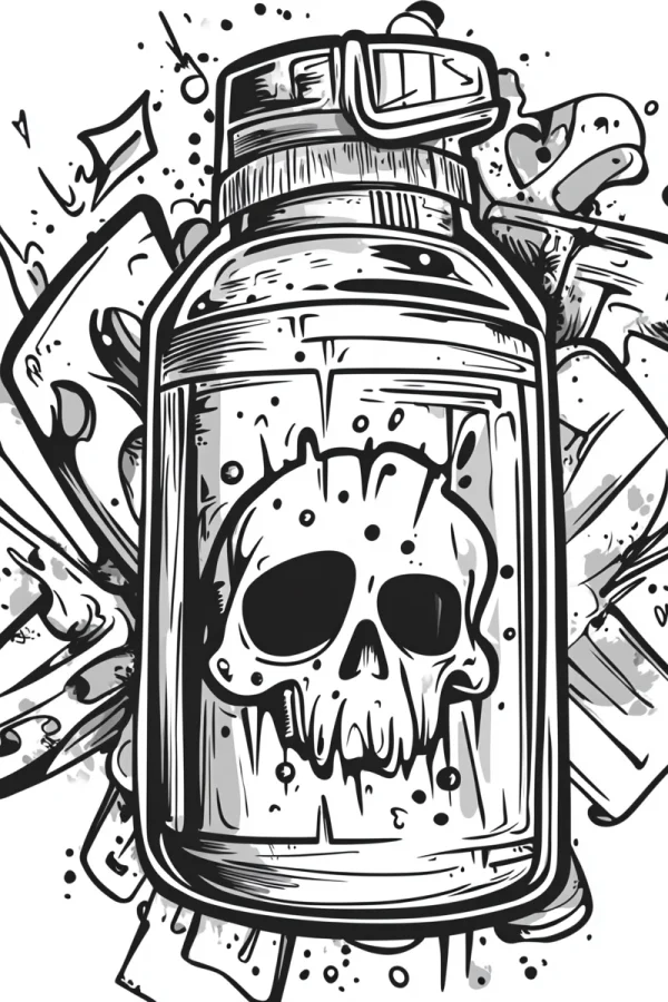 Skull inside a sealed bottle, graffiti horror style — free printable graffiti art coloring book page