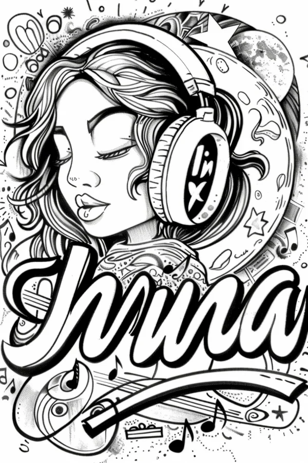 Coloring book page, graffiti-style girl wearing over-ear headphones — free printable trend coloring book page