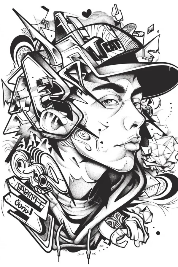 Graffiti-style trendy character head portrait, street art style — free printable trendy culture coloring book page