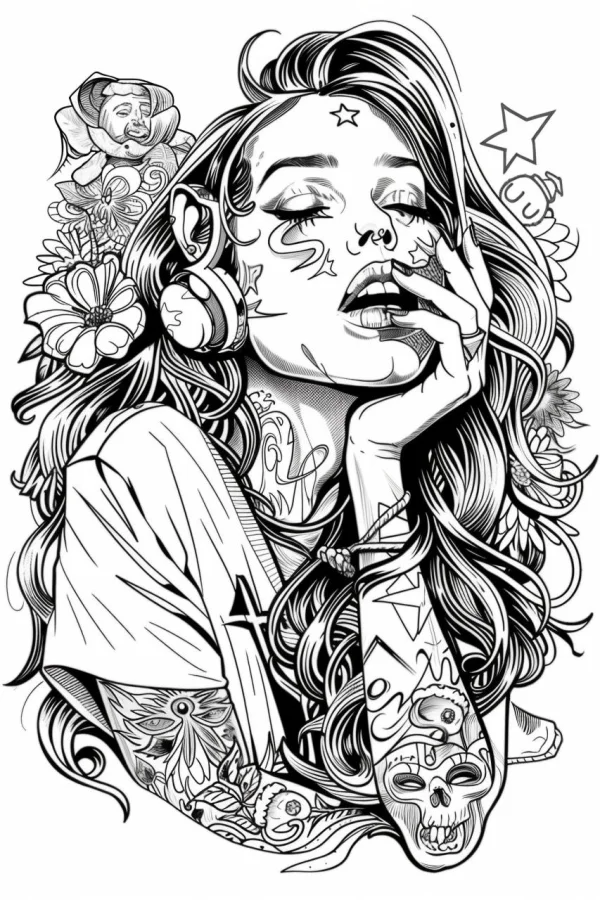 Tattooed trendy girl with headphones, street art style — free printable trendy culture coloring book page