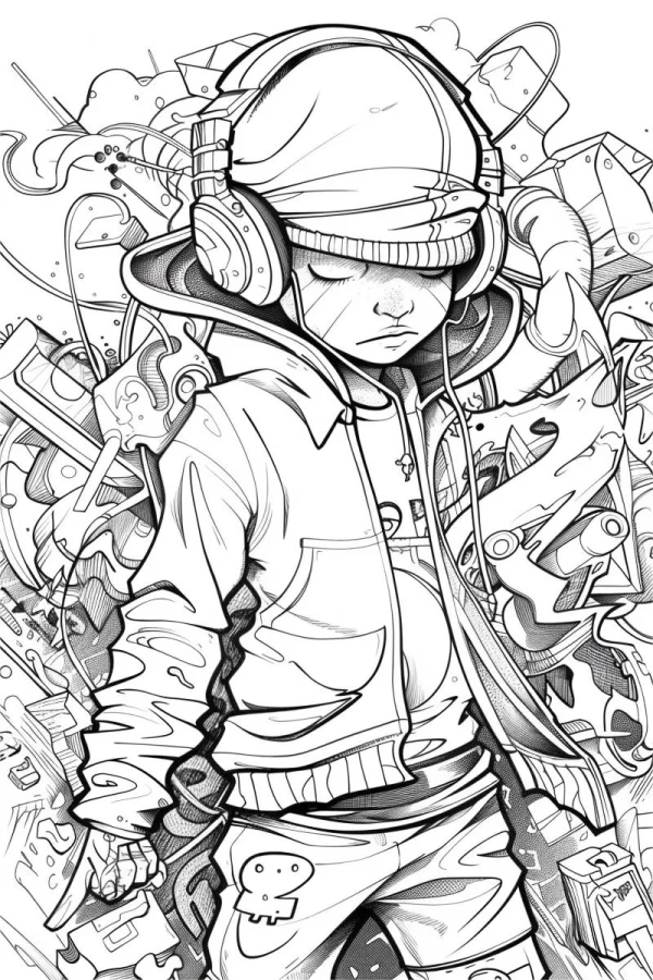 Street style boy wearing headphones and hoodie, graffiti art style — free printable trend coloring book page