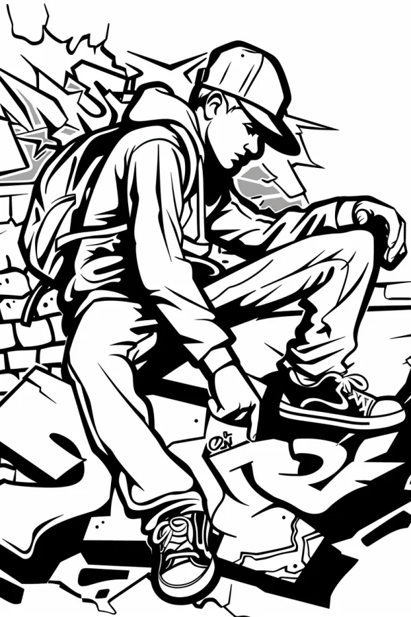 Street graffiti boy with backpack and baseball cap, graffiti and cartoon style — free printable hip hop coloring book page