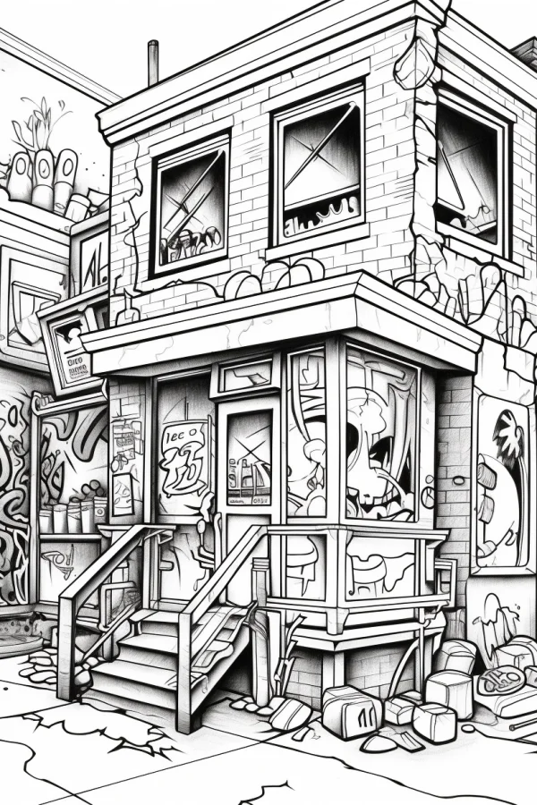 Abandoned street shop, graffiti and realistic style — free printable abandoned buildings coloring book page