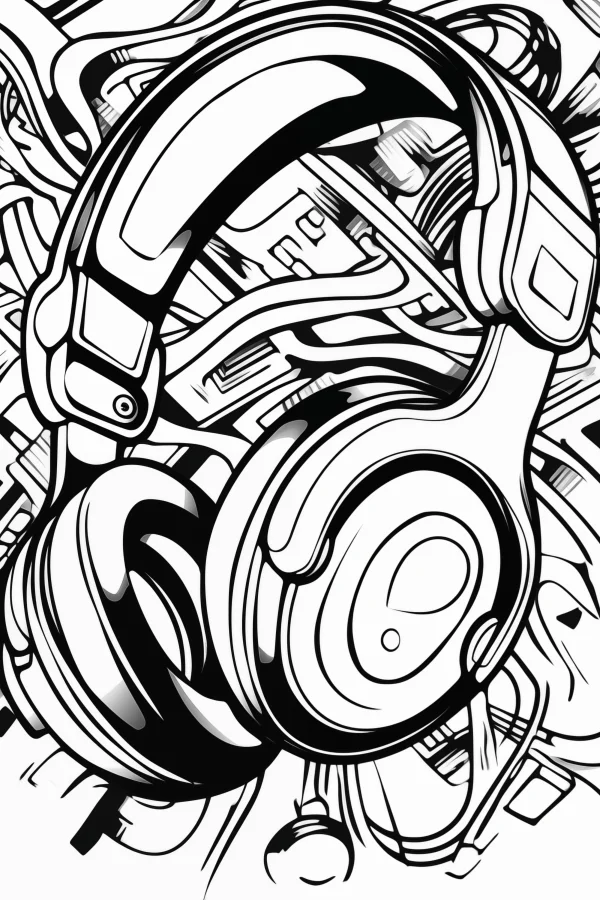 Cyberpunk style over-ear headphones, surrounded by intricate mechanical lines and tech components — free printable technology coloring book page