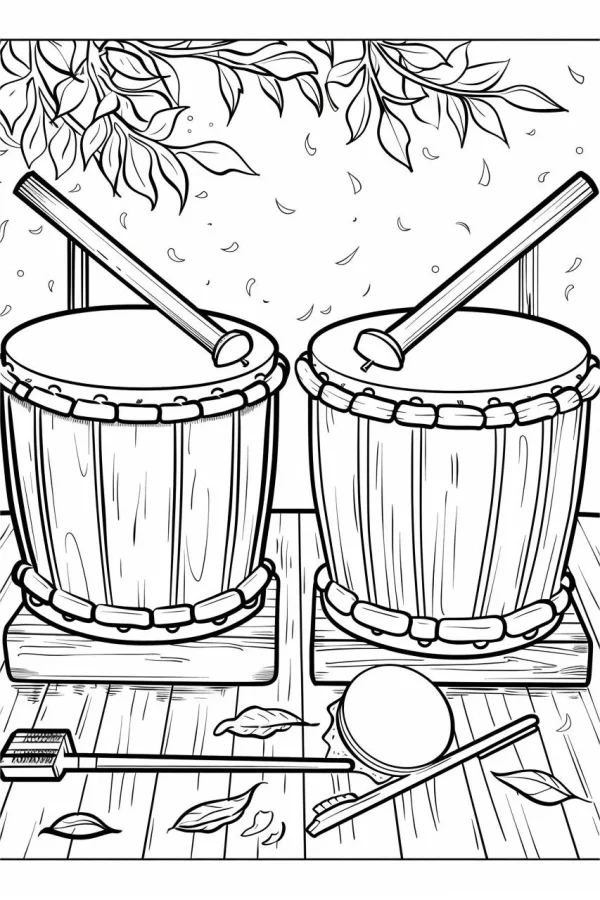 A pair of traditional drums, realistic line art style — free printable traditional culture coloring book page