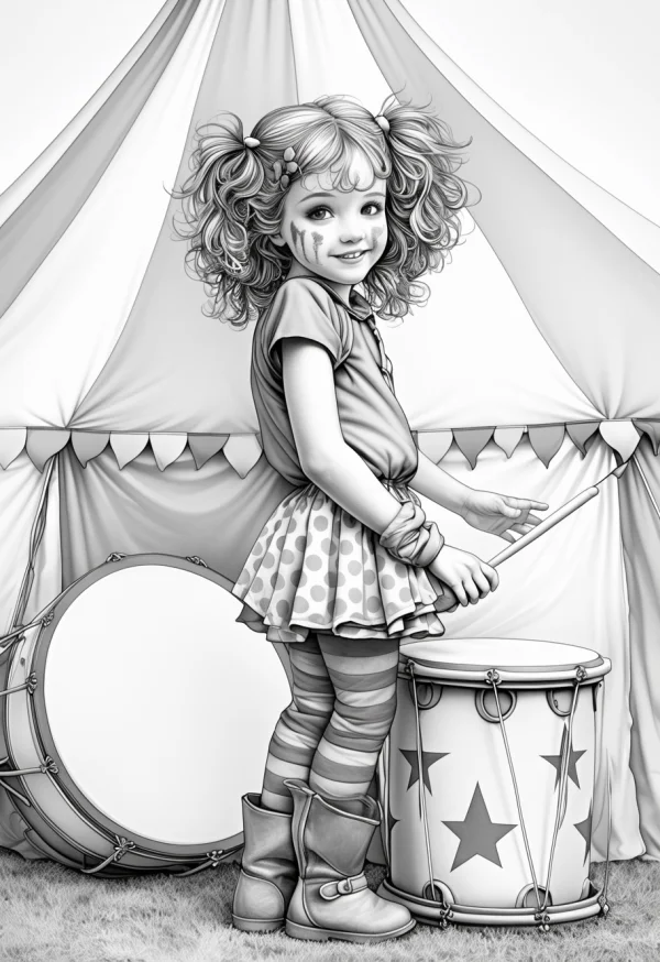 Circus little girl with curly pigtails and face paint, holding drumstick — free printable circus coloring book page