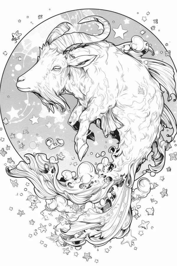 Mythical capricorn creature with goat head and fish tail, fantasy style — free printable constellations coloring book page
