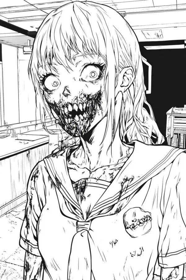 Horror zombie school girl in sailor uniform, japanese manga horror style — free printable zombies coloring book page