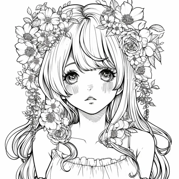 Long-haired girl wearing a flower wreath, anime style — free printable character theme coloring book page