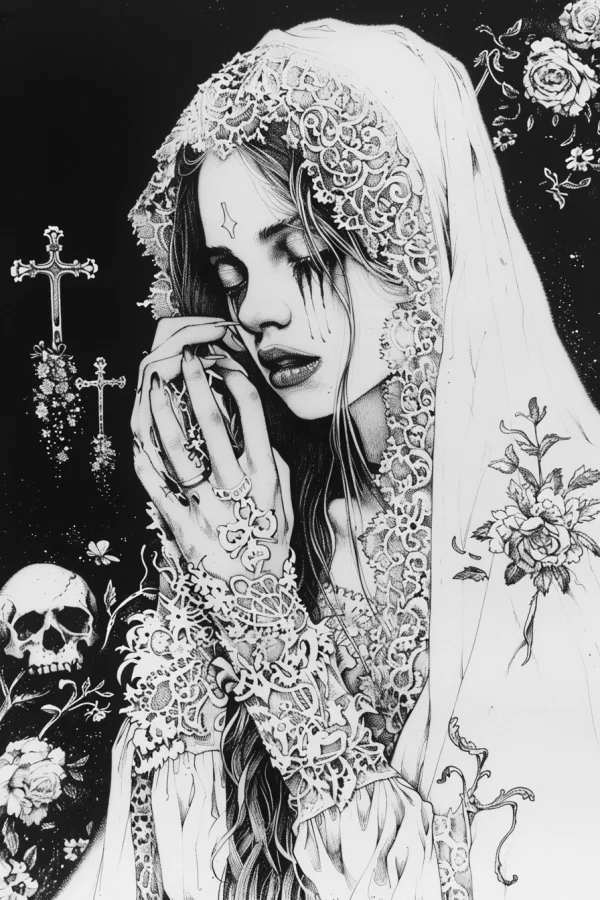 Gothic crying woman with lace veil and gloves, surrounded by skull — free printable dark fantasy coloring book page