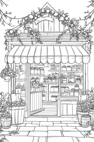 Cozy street corner small shop with green plants, hand-drawn illustration style — free printable small shop coloring book page