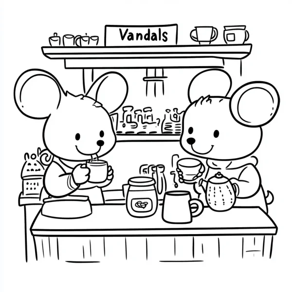 Two cute cartoon mice having tea at a cafe counter, cartoon style — free printable daily leisure coloring book page