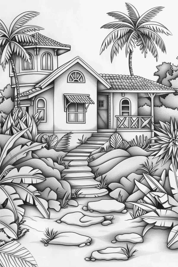 Tropical vacation cottage, realistic line art style — free printable tropical style coloring book page