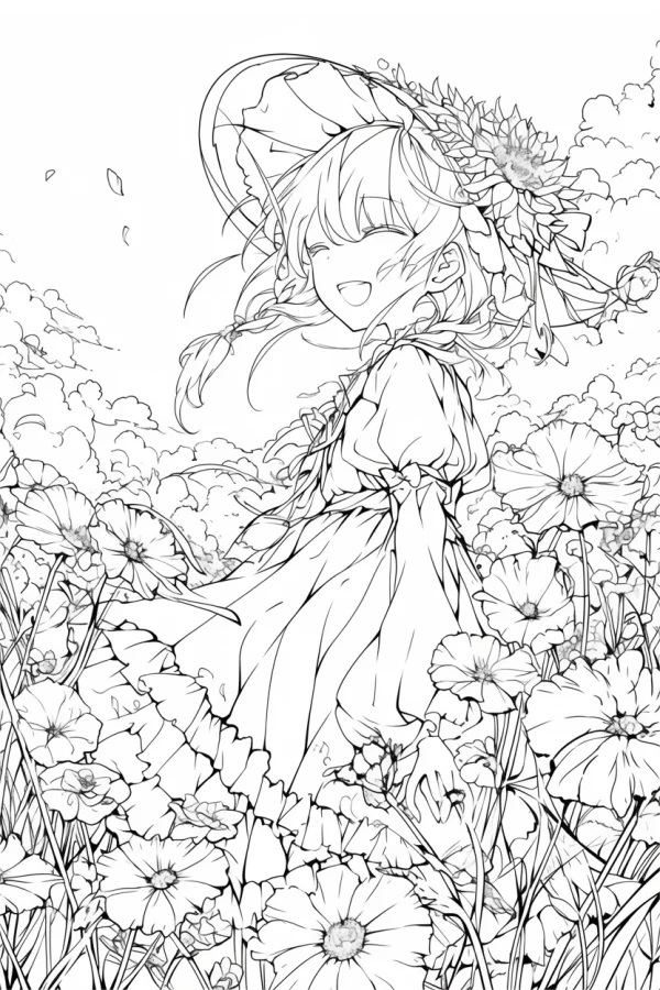 Smiling girl in wide-brimmed hat standing in flower field, anime cartoon style — free printable flower season coloring book page