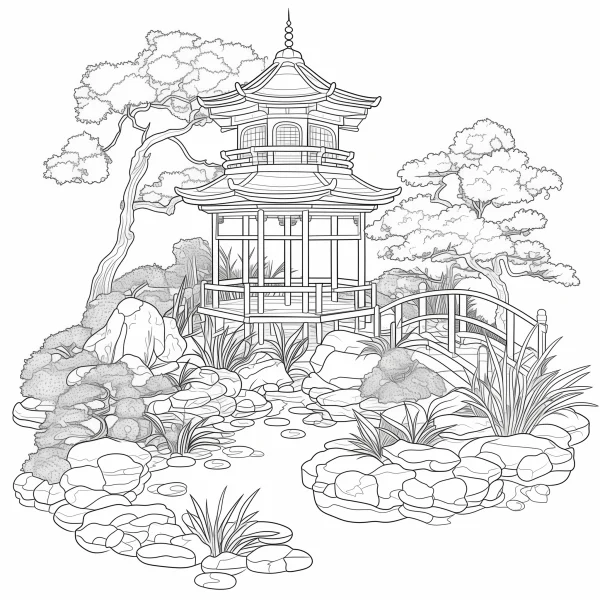 Japanese garden pavilion landscape, japanese style — free printable gardens coloring book page