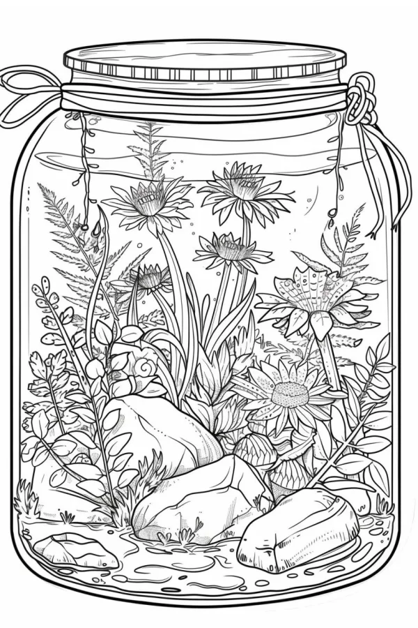 Coloring book page, terrarium micro landscape in a glass jar with daisies — free printable miniature landscape coloring book page