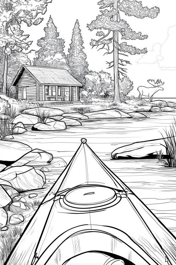 Canoe on lake shore with log cabin and moose in pine forest, realistic line art style — free printable outdoor travel coloring book page