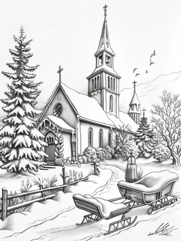 Coloring book page, winter church scene with sled — free printable scenery coloring book page