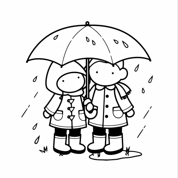 Two children sharing an umbrella in rainy day, cartoon style — free printable rainy days coloring book page