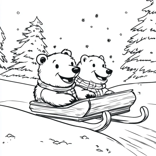 Two polar bears sledding on snowy hill, cartoon style — free printable outdoor sports coloring book page