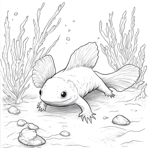 Cute axolotl in underwater scene, surrounded by aquatic plants and pebbles — free printable amphibians coloring book page