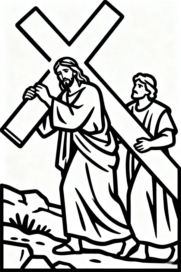 Jesus carrying the cross with an assisting follower, religious illustration style — free printable christianity coloring book page