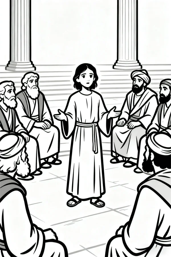 Young jesus speaking to elderly jewish elders, realistic line art style — free printable historical scene coloring book page