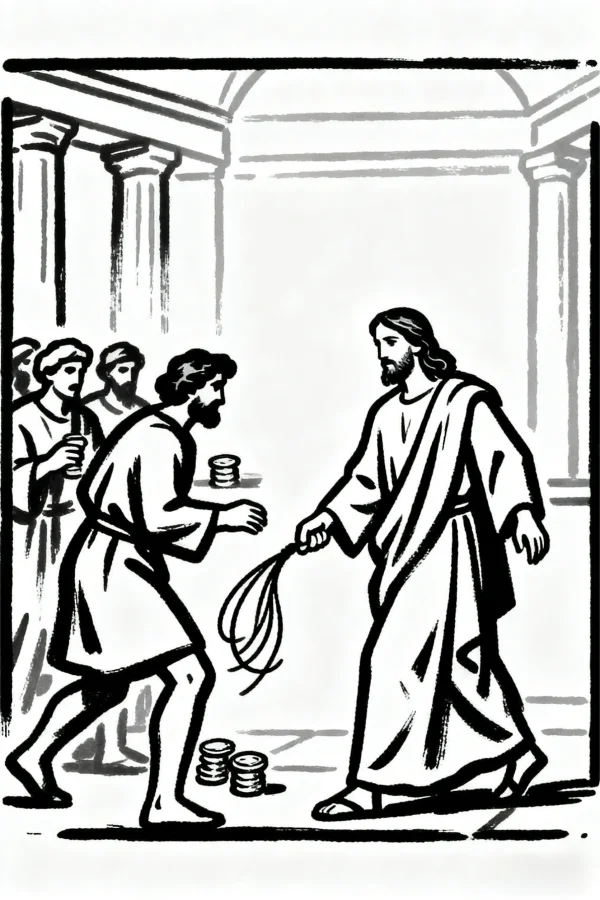 Religious figure with whip confronting a merchant, retro illustration style — free printable historical scene coloring book page