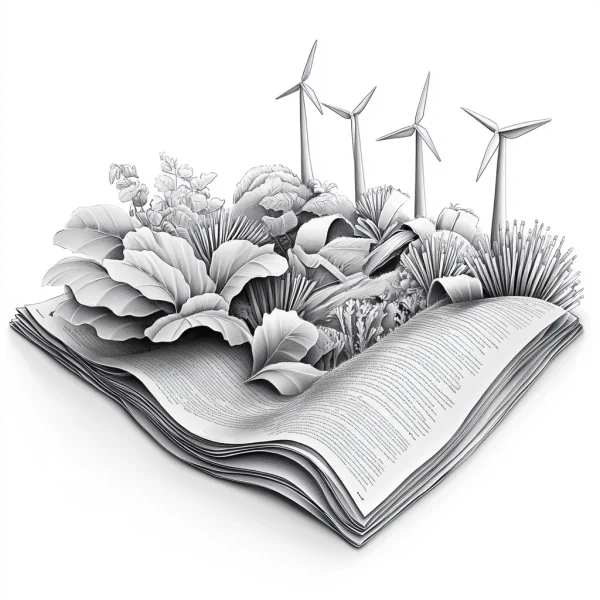 Open book with growing plants and wind turbines, realistic sketch style — free printable environmental coloring book page