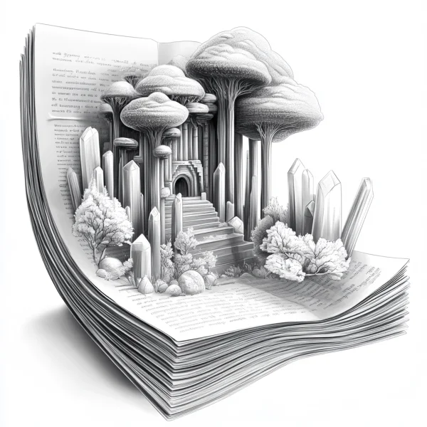 Fantasy forest castle scene emerging from an open book, intricate  fine smooth outlines — free printable books coloring book page
