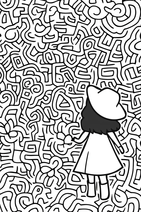 Girl with white hat standing in front of intricate maze patterns, line art style — free printable maze coloring book page