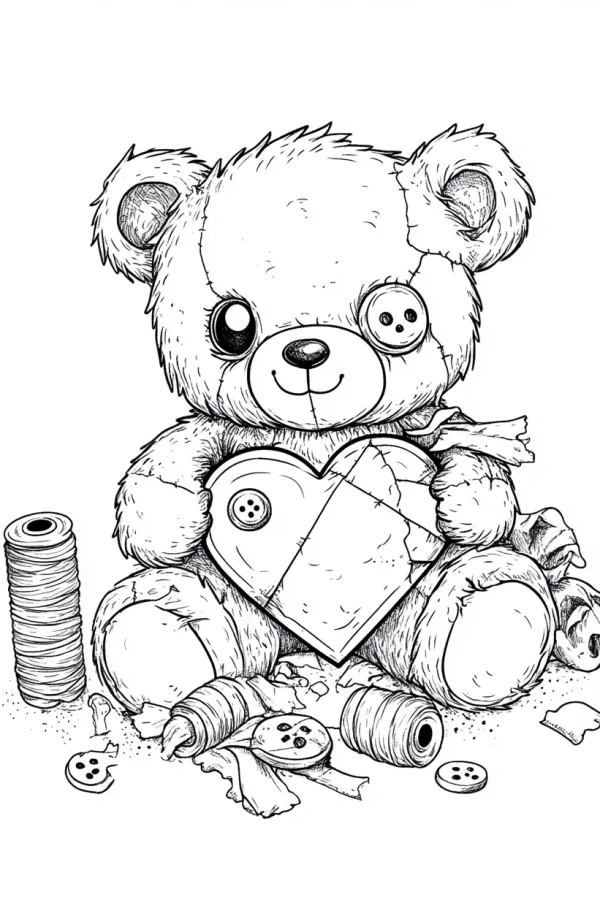 Damaged button-eyed teddy bear holding a broken heart, dark cartoon style — free printable toys coloring book page