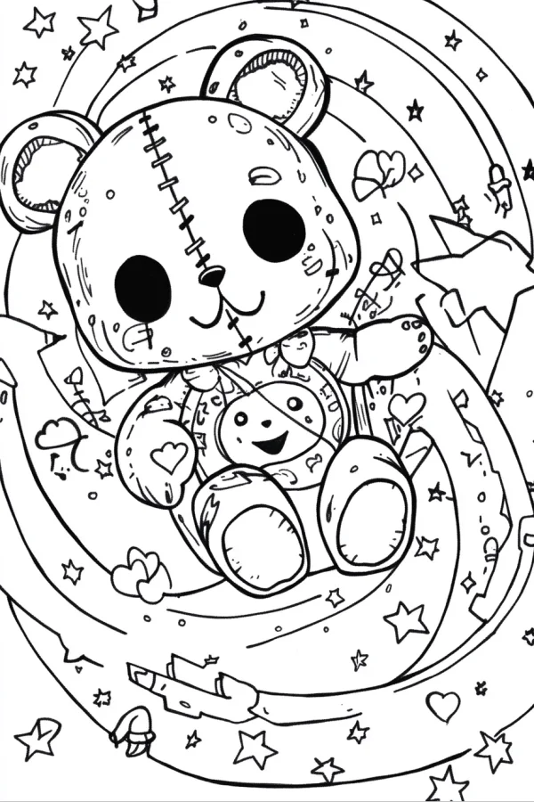 Stitched patch teddy bear holding a small teddy bear, cartoon style — free printable toys coloring book page