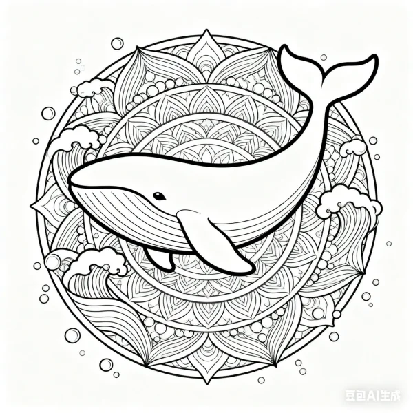 Mandala-style whale, surrounded by waves and bubbles — free printable mandala art coloring book page