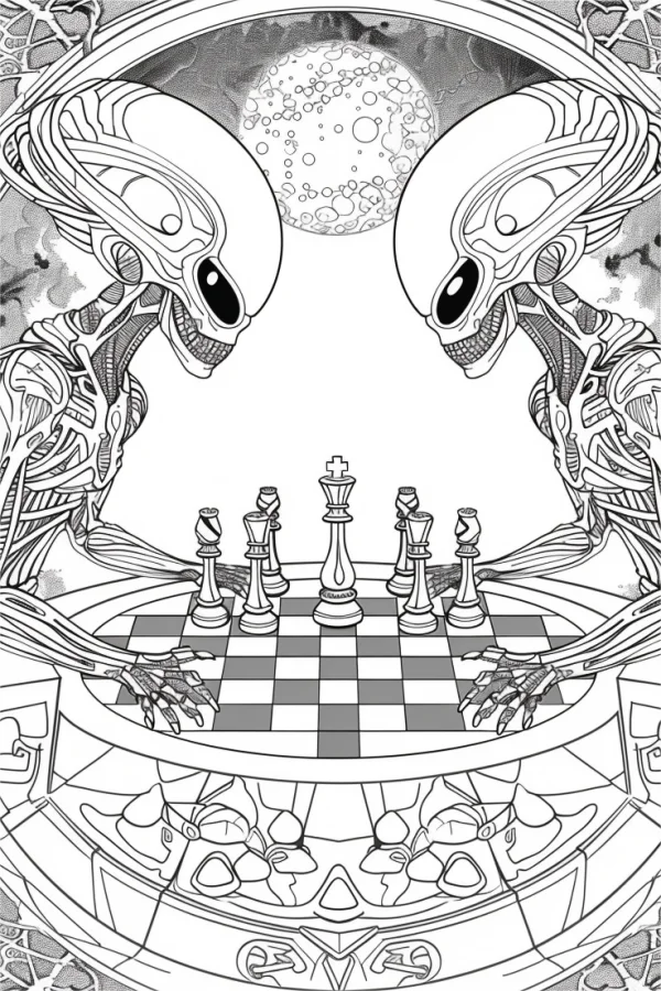 Two aliens playing chess, sci-fi style — free printable games coloring book page