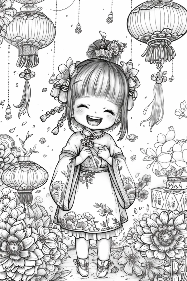 Cute smiling chinese girl in traditional hanfu, chinese style — free printable spring festival coloring book page