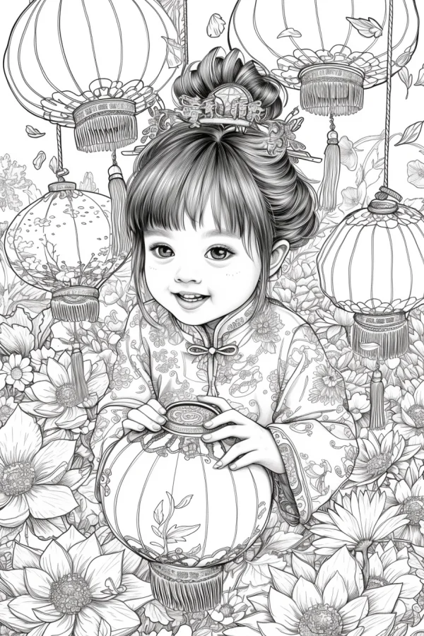 Chinese girl in traditional clothing holding a lantern, chinese style — free printable spring festival coloring book page