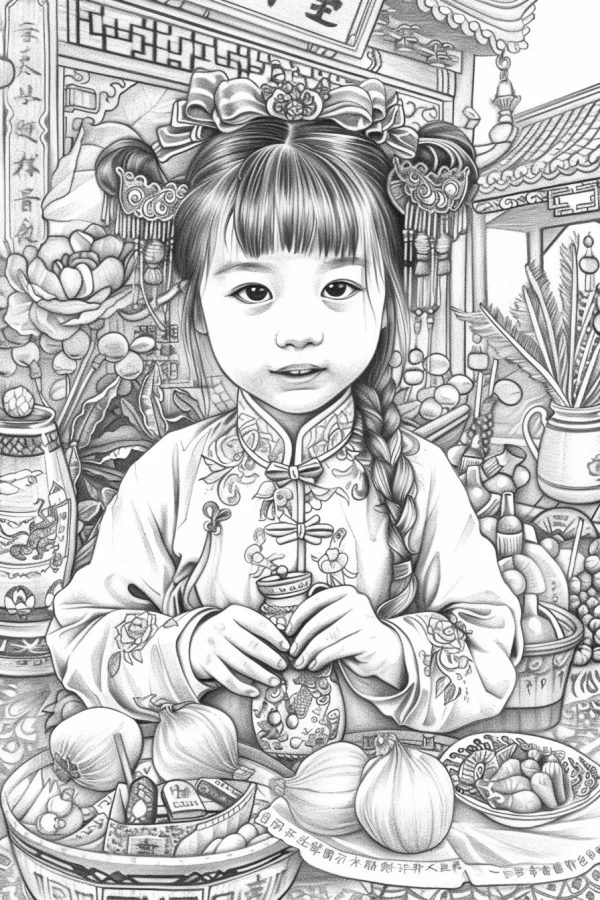 Little girl in traditional chinese clothing with braid, chinese style — free printable spring festival coloring book page