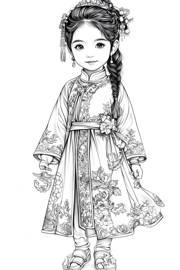 Little girl in traditional chinese clothing, chinese cartoon style — free printable traditional clothing coloring book page
