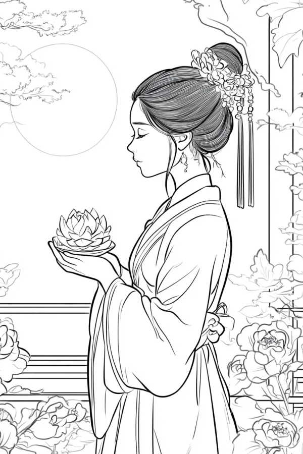Ancient chinese girl holding lotus lantern, chinese style — free printable mid-autumn festival coloring book page