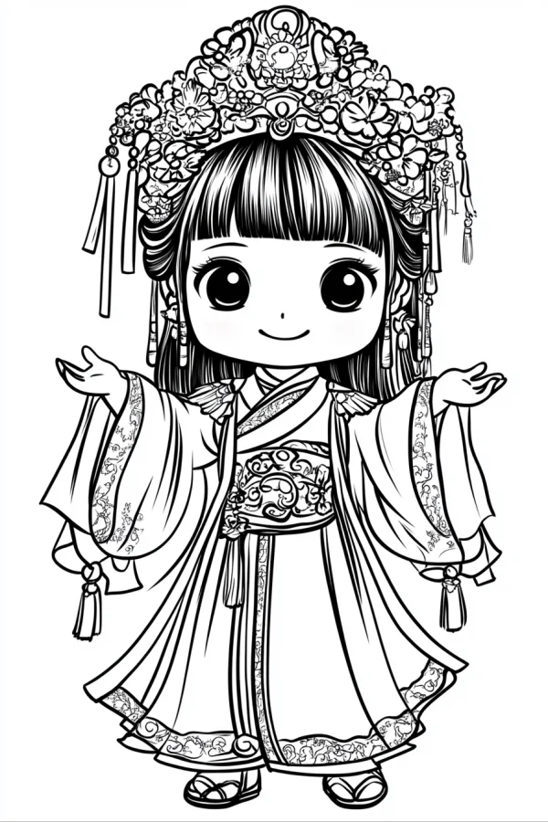 Cute q-style chinese ancient costume girl with elaborate phoenix crown, fine smooth lines — free printable traditional clothing coloring book page