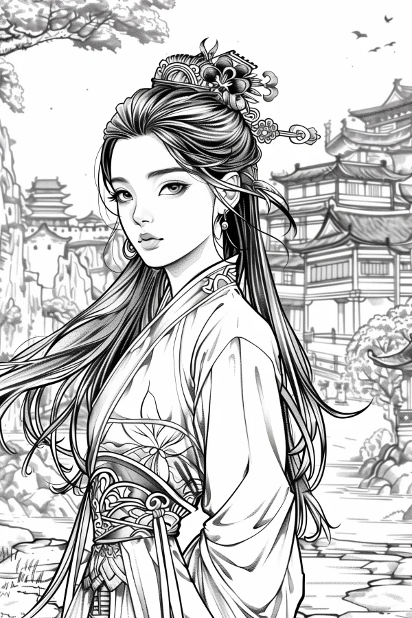 Ancient chinese hanfu girl with ornate hairpins and earrings, chinese style anime line art — free printable ancient style scene coloring book page