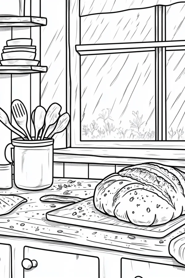 Kitchen countertop with a loaf of bread, realistic illustration style — free printable rainy days coloring book page