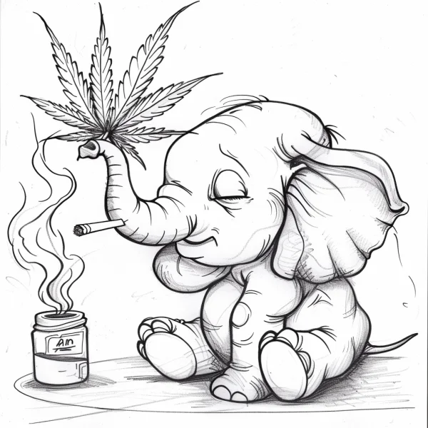 Cute cartoon elephant smoking a cigarette and holding a cannabis leaf, cartoon style — free printable parody coloring book page