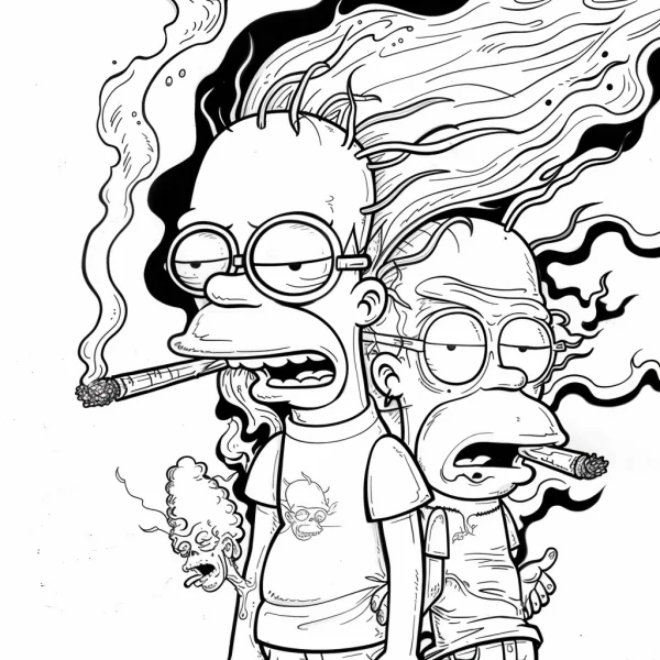 Stoned parody homer simpson-style cartoon characters smoking cigarettes, bold fluid hand-drawn  with swirling smoke and tiny devil figure — free printable adult coloring book page