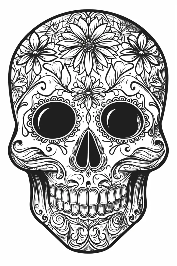 Day of the dead decorated skull with intricate floral and scroll patterns, folk art style — free printable folk culture coloring book page