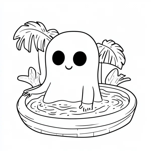 Cute cartoon ghost in a small round pool, surrounded by palm trees and aquatic plants — free printable swimming coloring book page